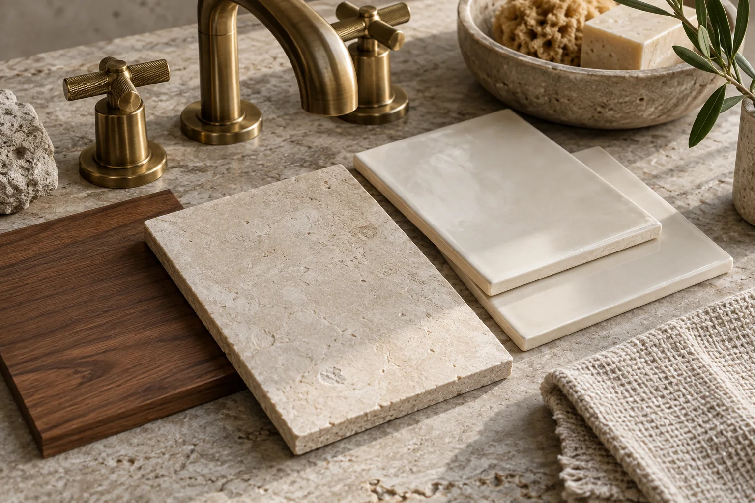 A coordinated bathroom palette of tile, stone and fixture finishes