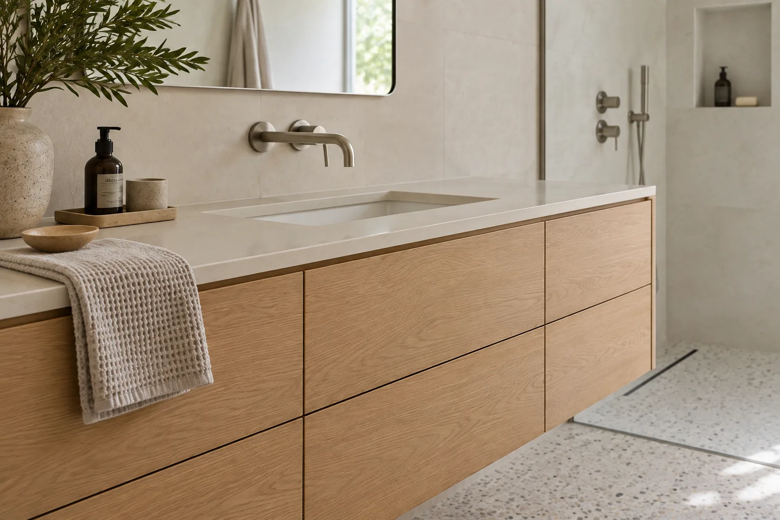 Material and cabinetry detail in The Courtyard Bath