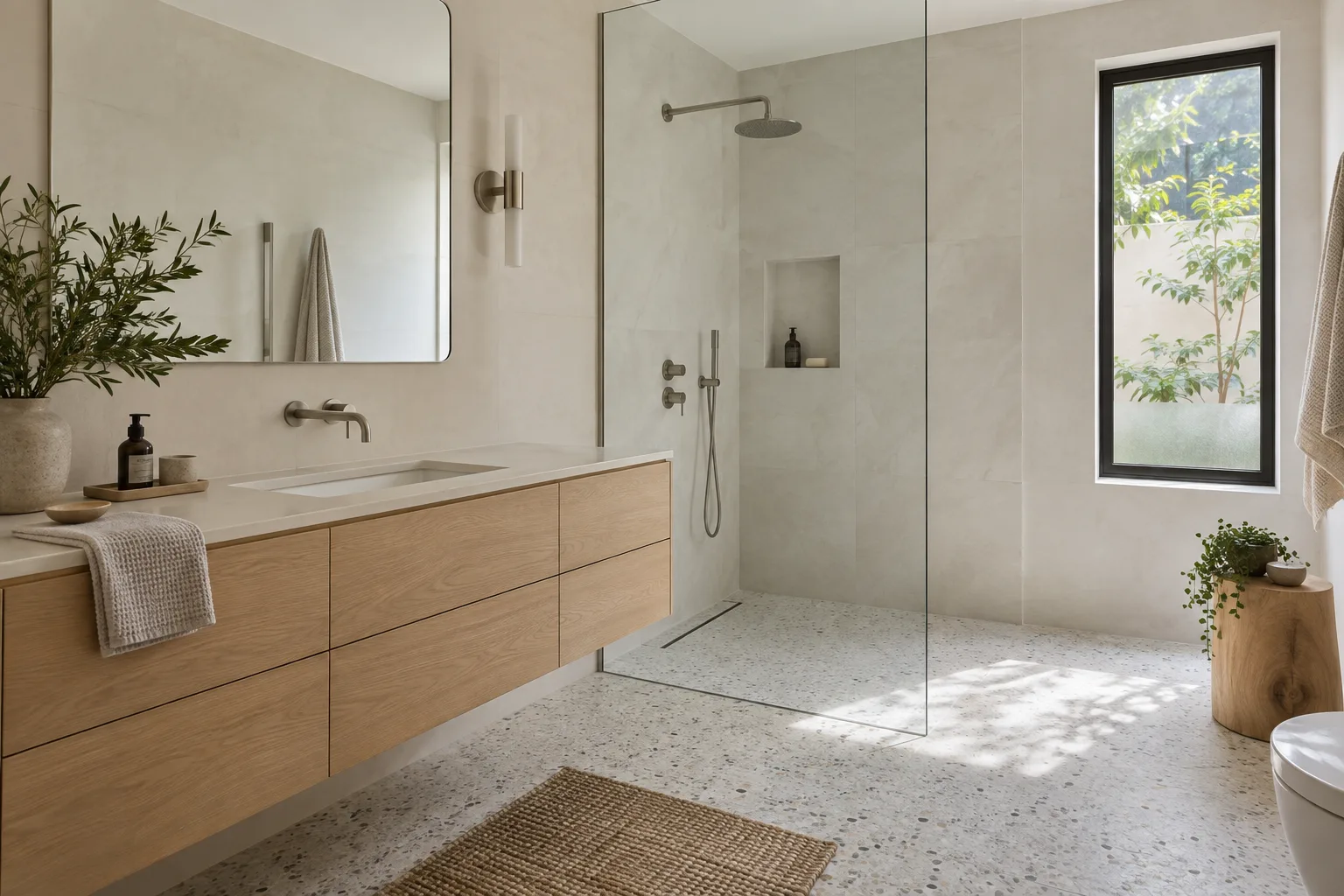 Soft daylight, pale textures and useful storage make space for a calmer morning.