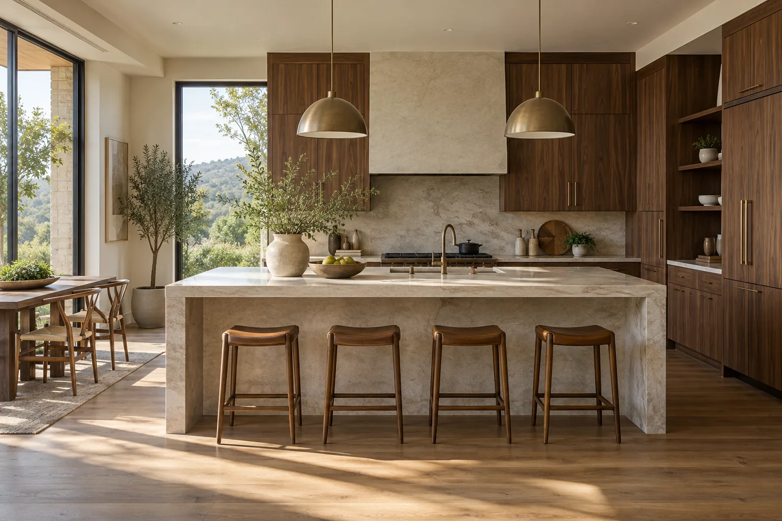 Walnut kitchen cabinetry surrounding a pale stone island in a sunlit interior
