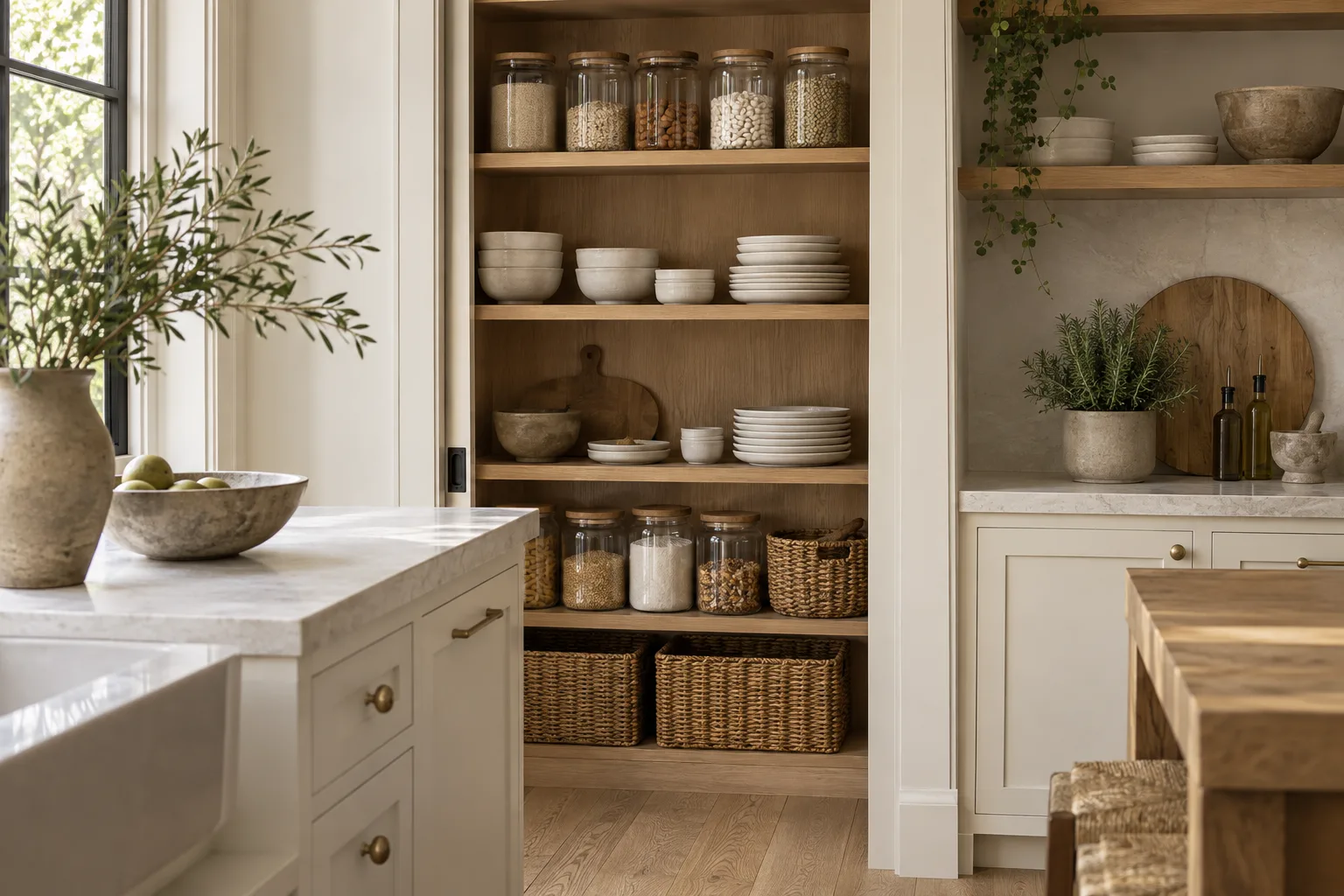 Oak pantry shelving and organized storage in an ivory kitchen
