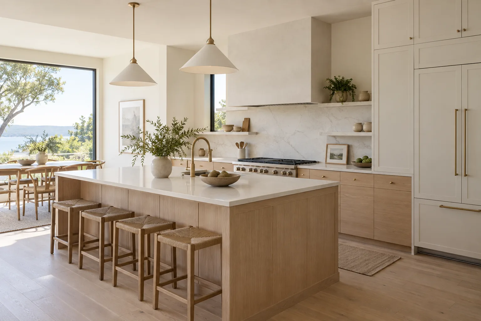 Pale oak, soft ivory and a generous preparation space bring a lighter rhythm to everyday cooking.