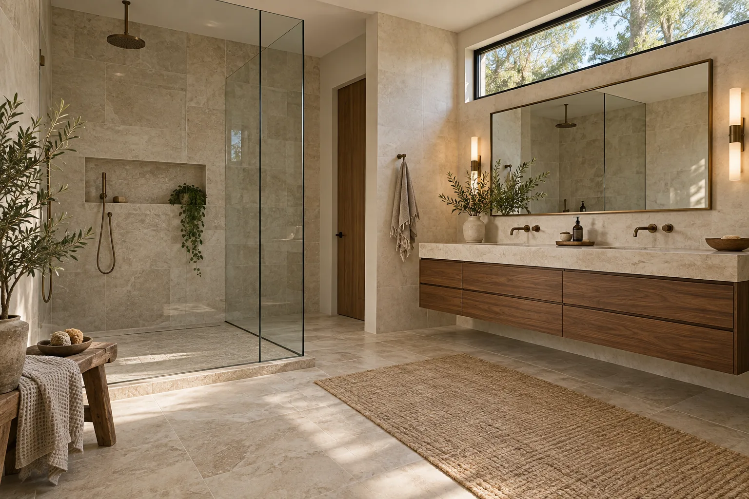 Limestone bathroom with a floating walnut vanity and glass walk-in shower
