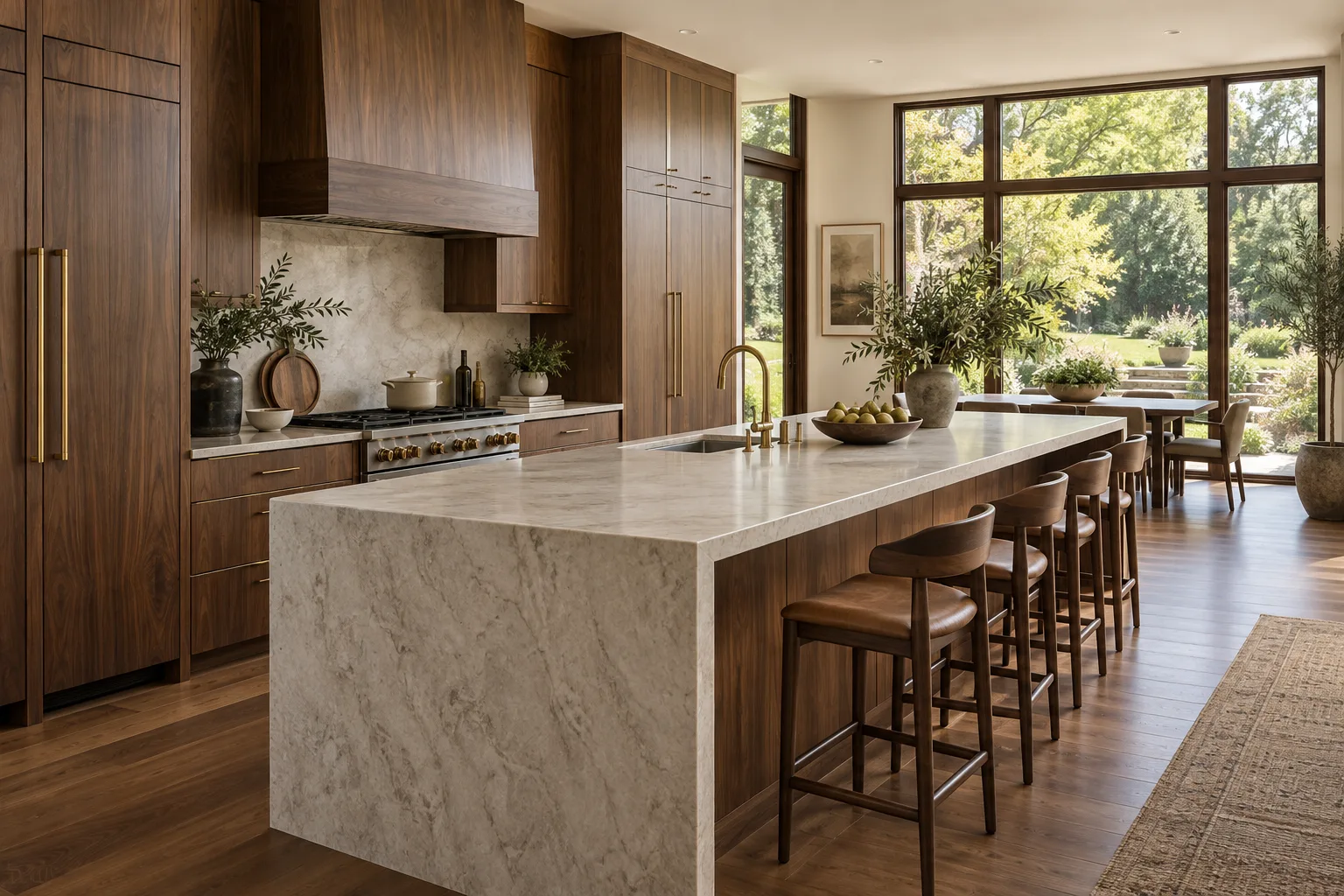 Walnut kitchen with a long pale stone island and garden-facing windows