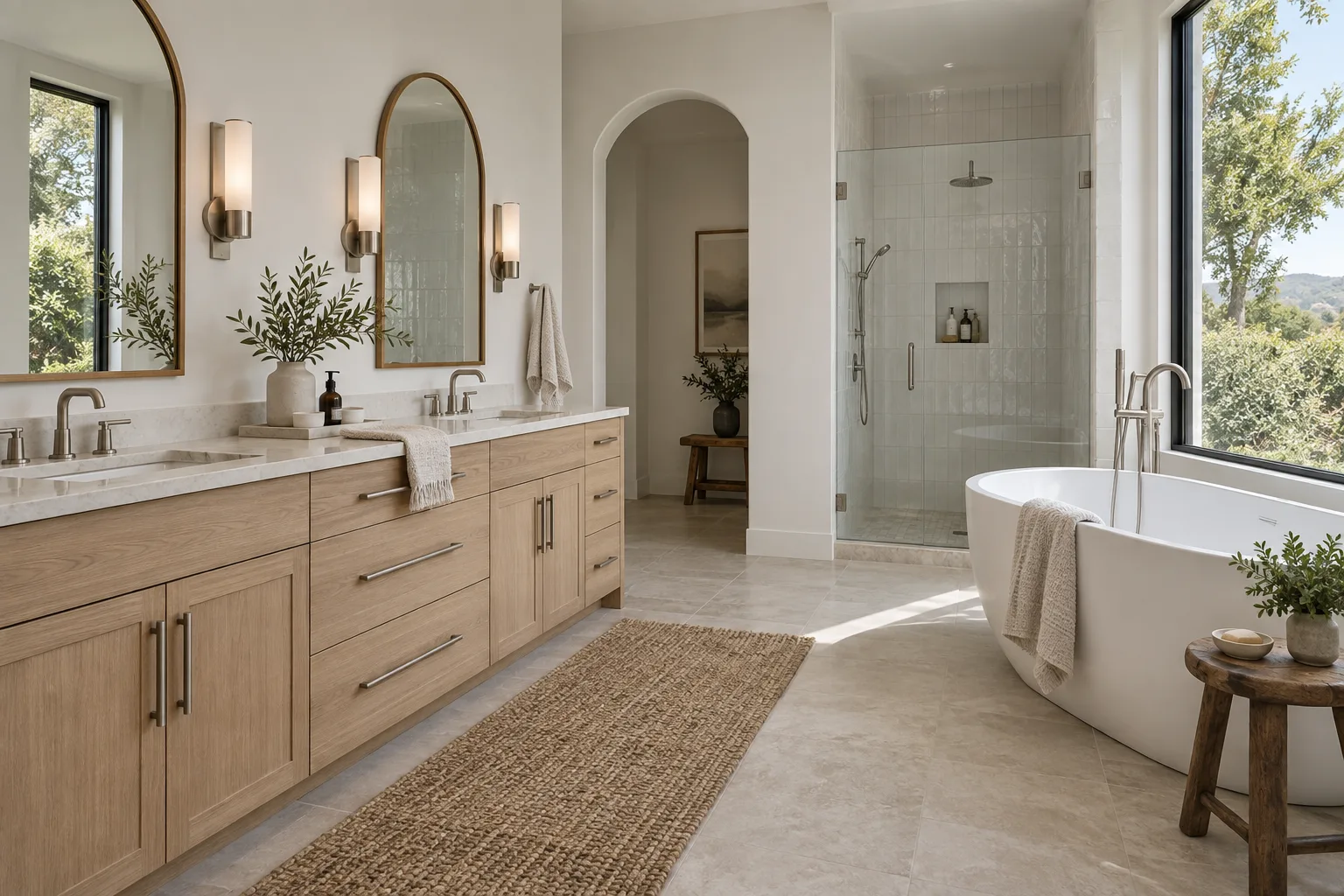 Airy bathroom with an oak double vanity, arched mirrors and a freestanding tub