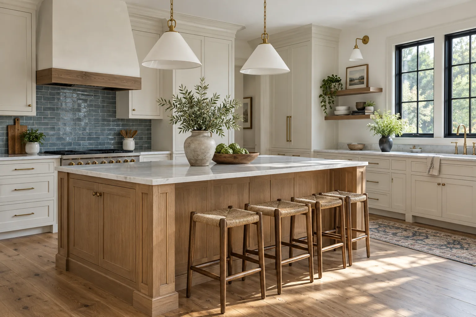 Bright kitchen with ivory cabinetry, an oak island and blue-gray tile backsplash
