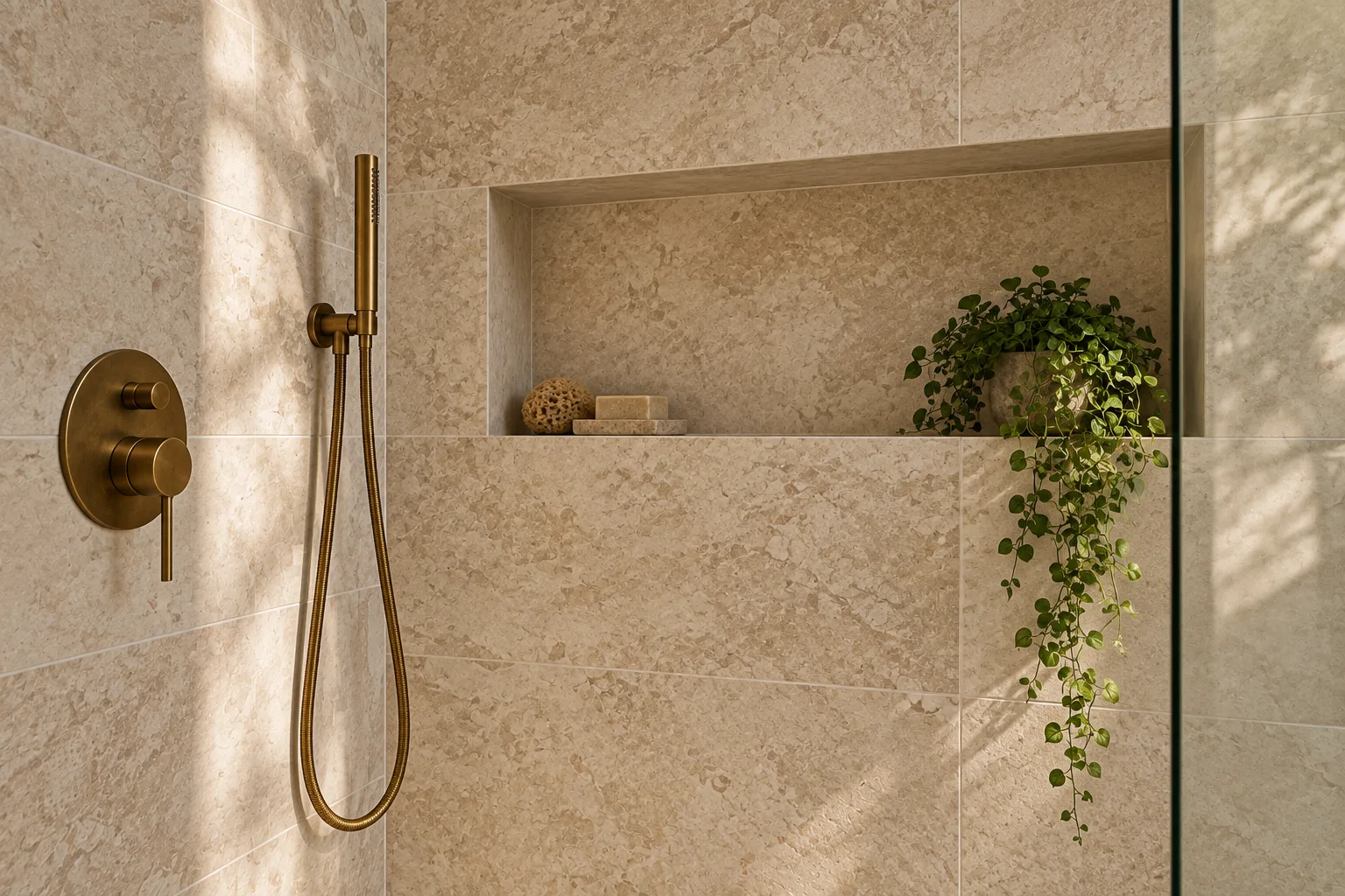 Stone shower surfaces and a recessed niche