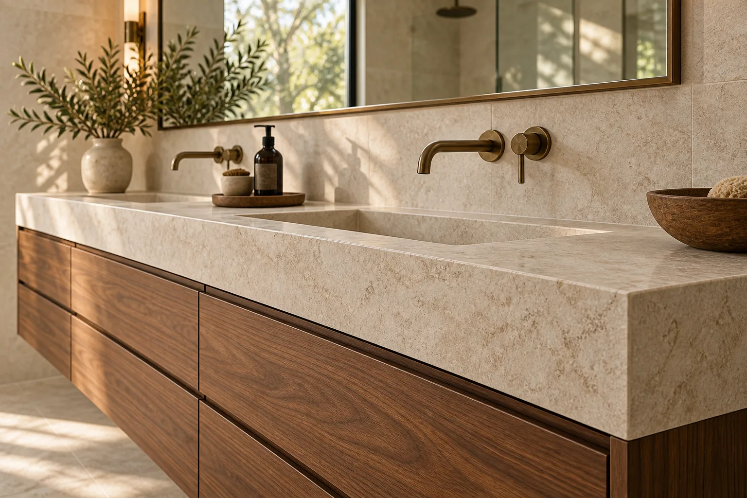 Detail of a walnut vanity with pale stone and warm metal fixtures