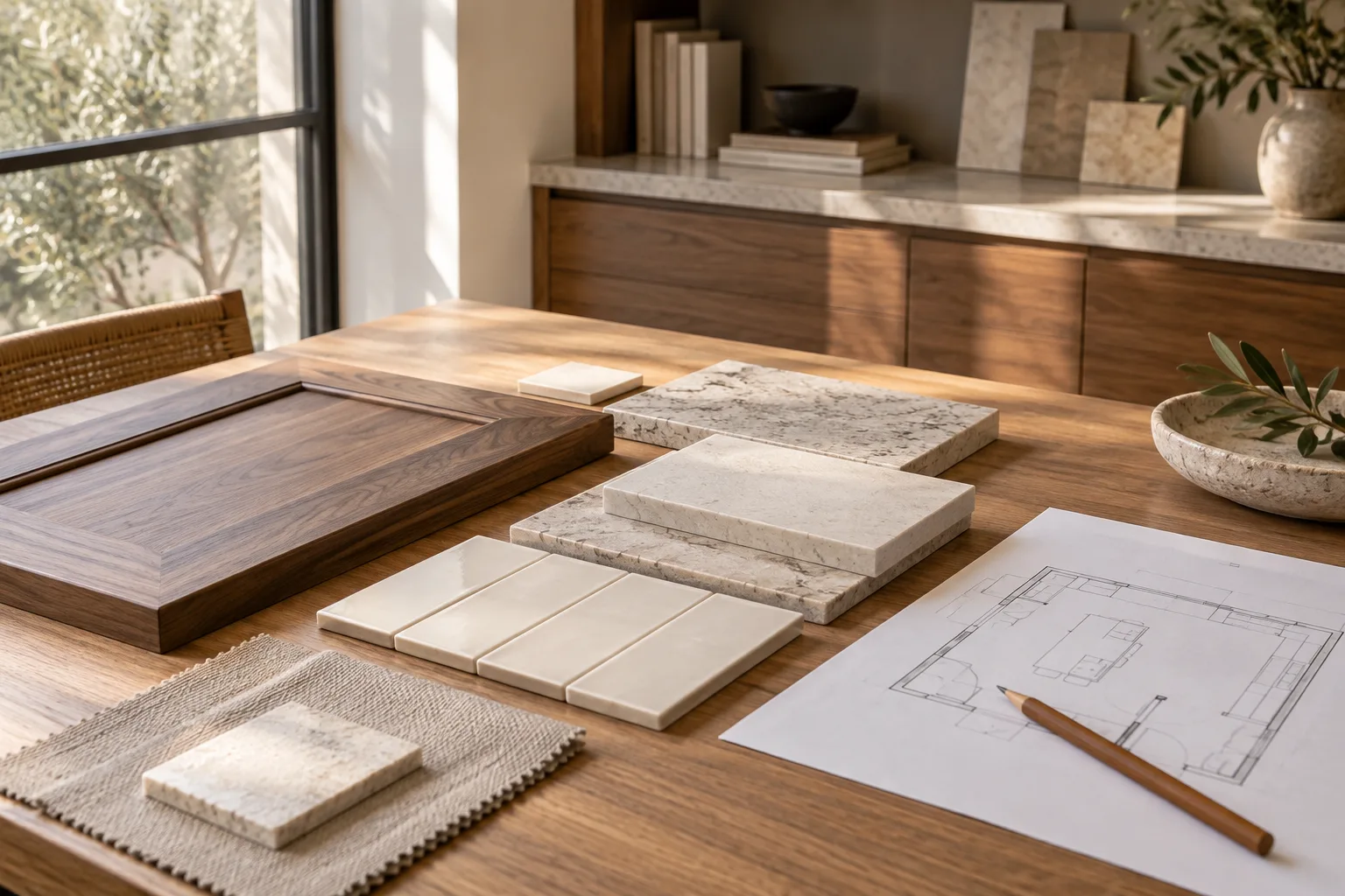 Walnut, stone and tile samples arranged beside a floor plan on a design studio table