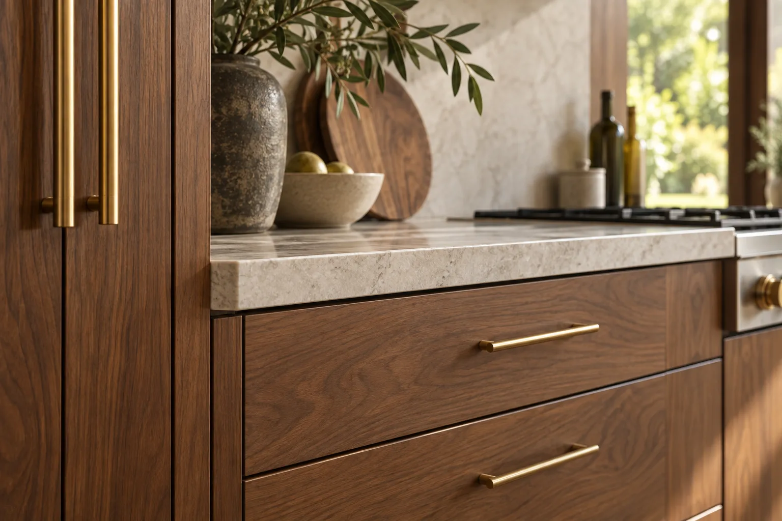 Close-up of walnut kitchen cabinetry, hardware and pale stone
