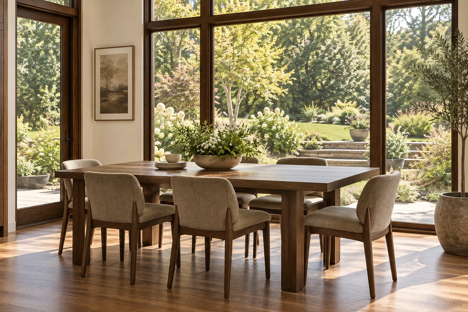 Garden-side dining corner with warm walnut tones