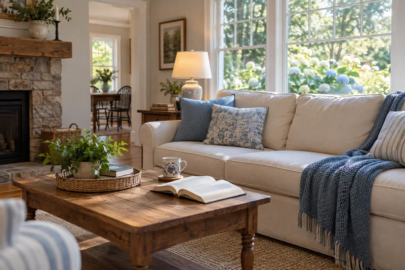 Sunlit living room with a cream sofa and blue accents
