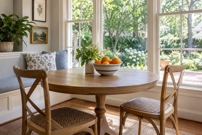 A freshly cleaned breakfast nook in morning light