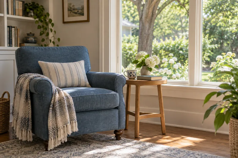 A sunny reading nook with a blue armchair
