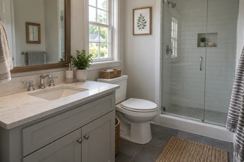 Clean bathroom with tiled shower