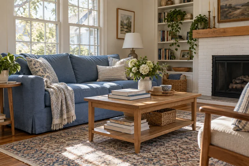 Sunlight across a comfortable living room with blue cushions