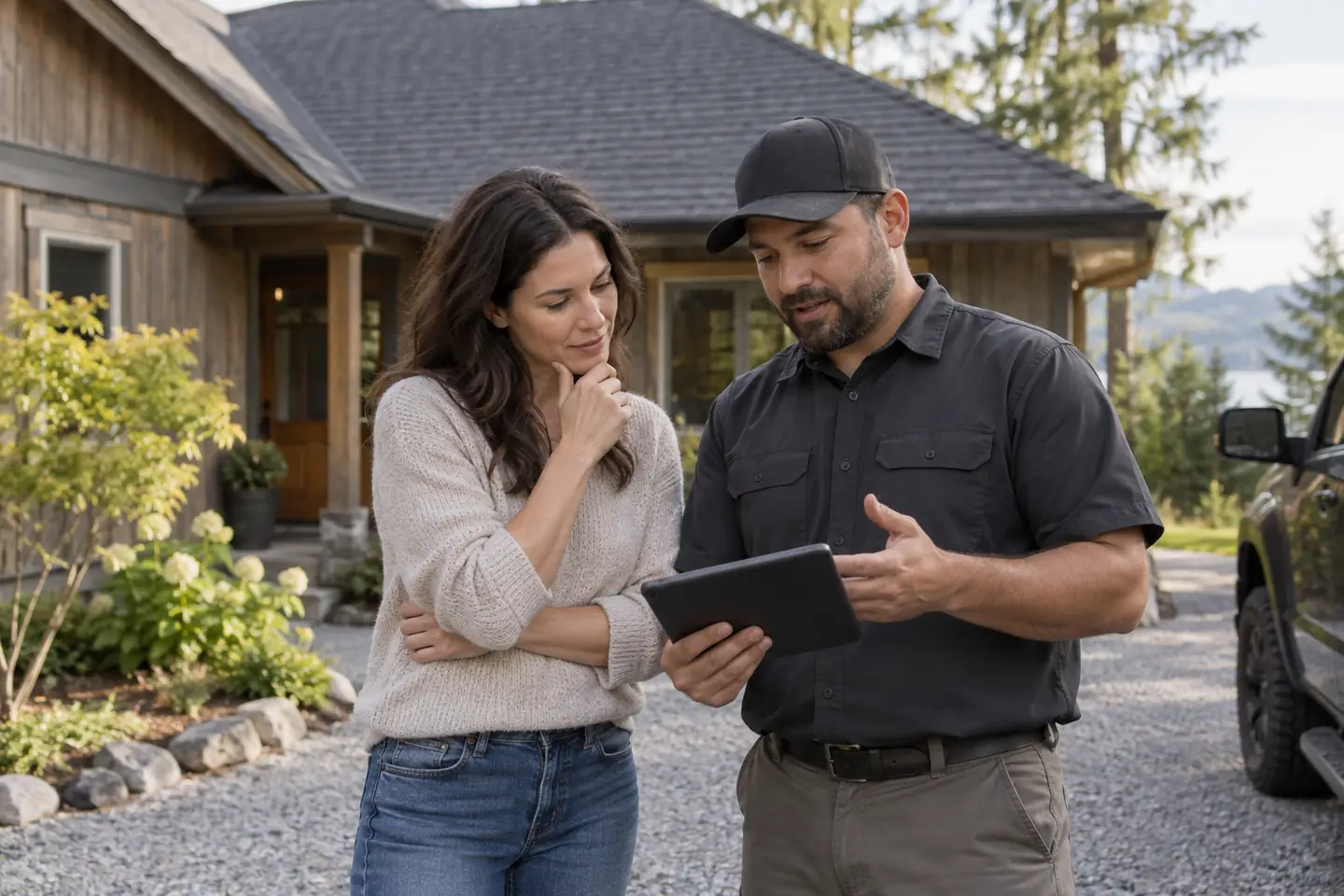 Homeowner and roofing professional reviewing a tablet on a driveway