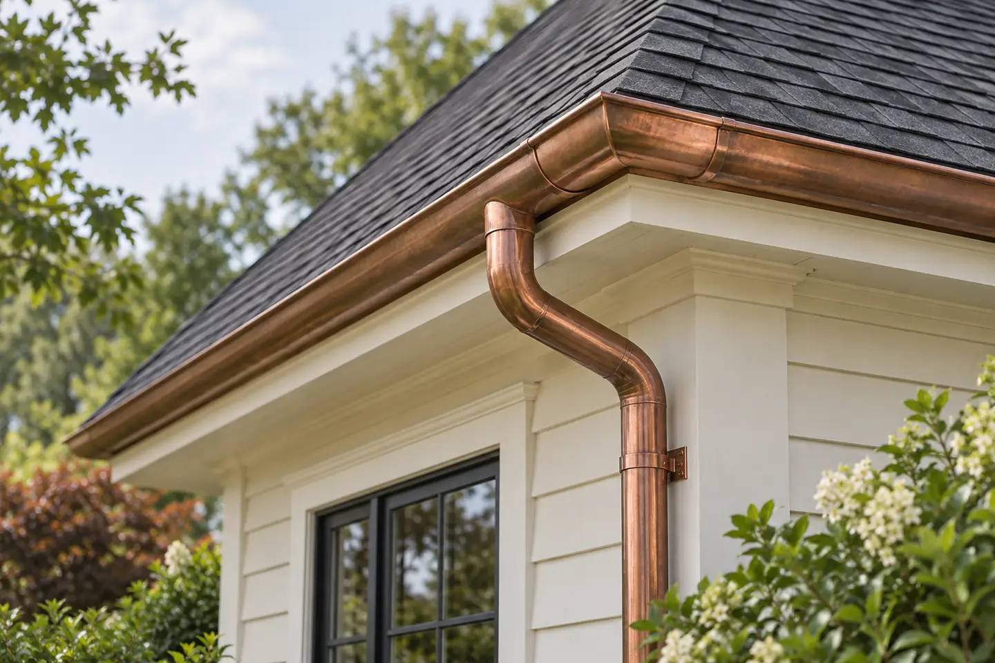 Copper gutter and downspout at the eave of a shingle roof