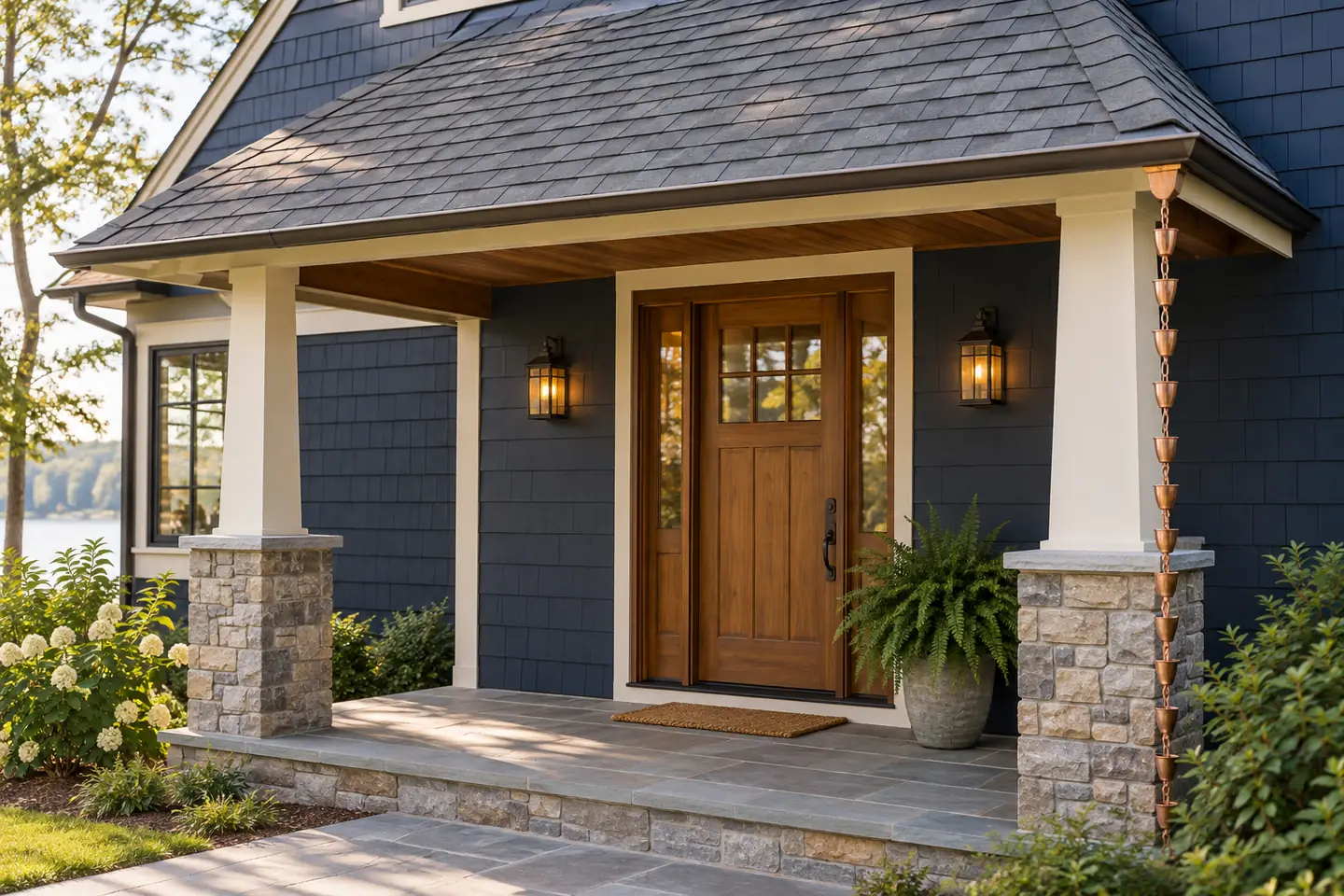 Navy cottage entrance beneath a shingle porch roof