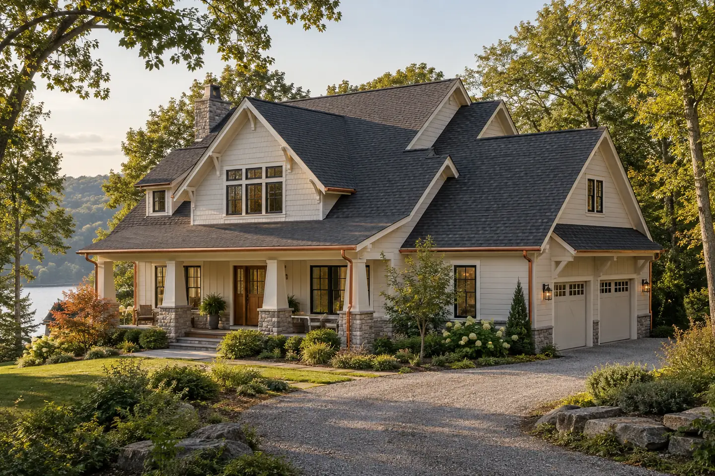 Ivory Craftsman home with a broad charcoal shingle roof and copper gutters
