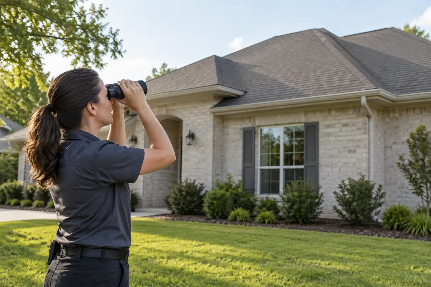 Roofing professional inspecting a house from the ground with binoculars