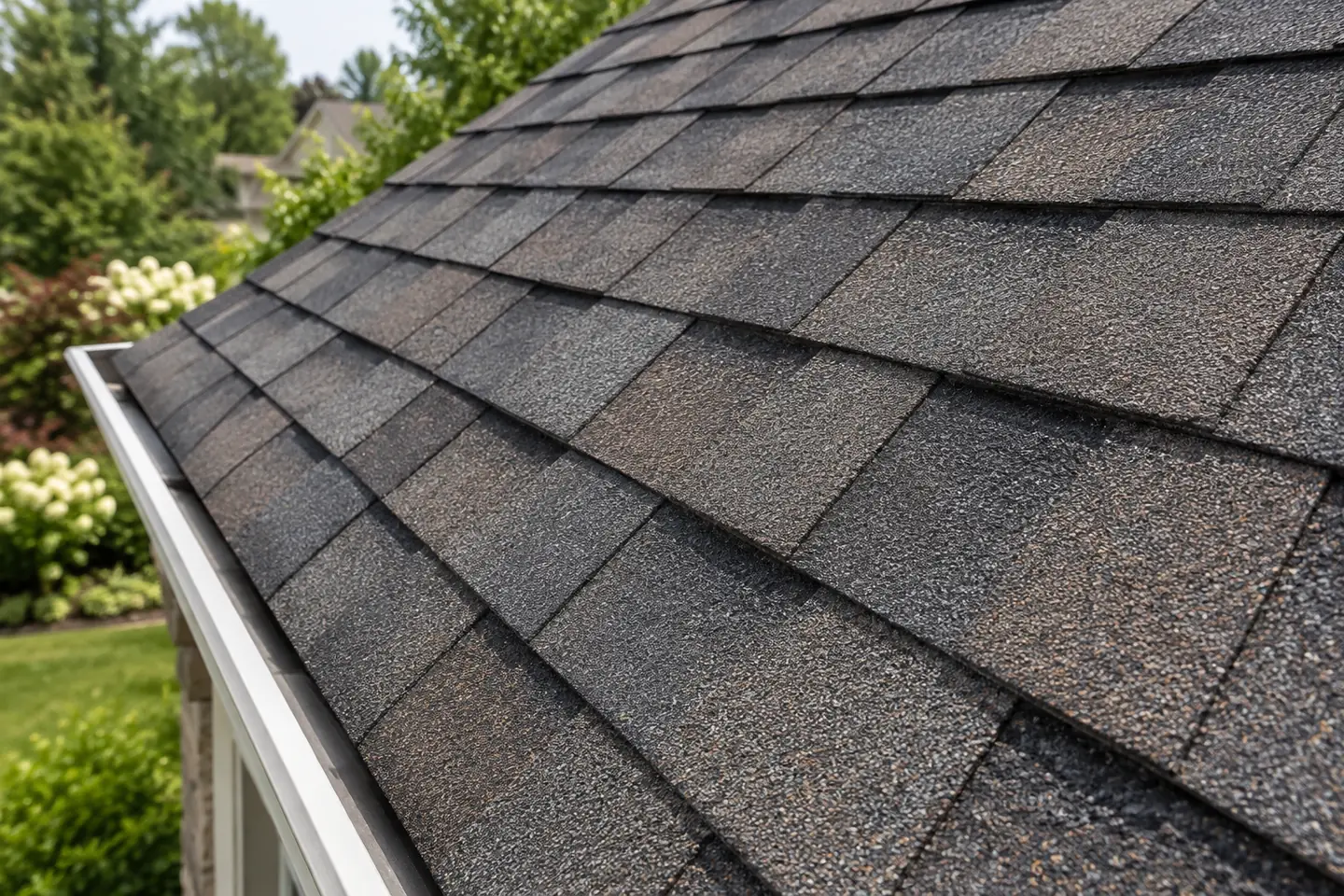 Close view of dimensional asphalt shingles and their mineral-granule surface