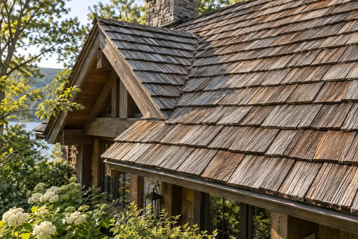 Textured cedar shakes on a timber cottage roof