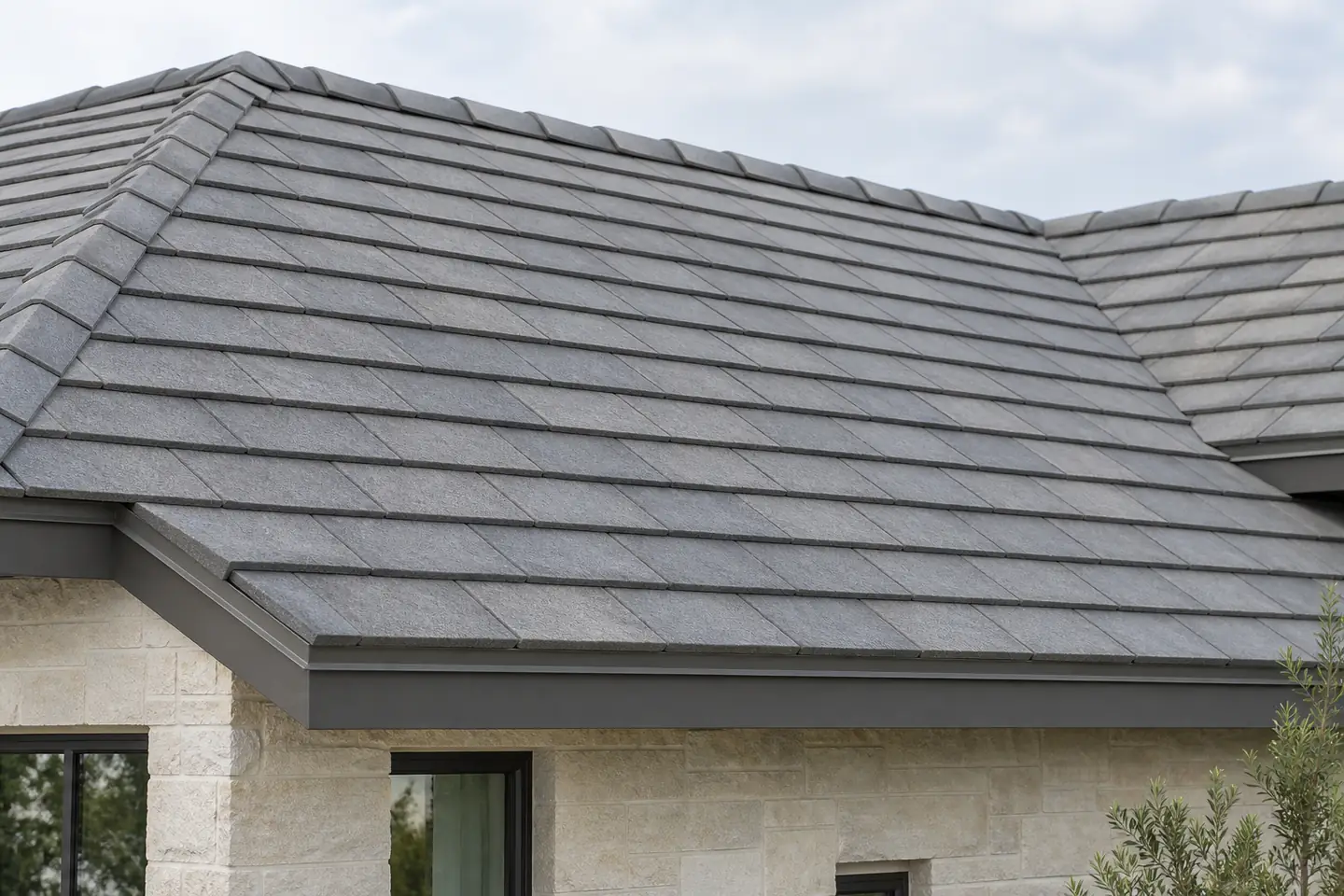 Flat gray concrete roof tiles with staggered joints
