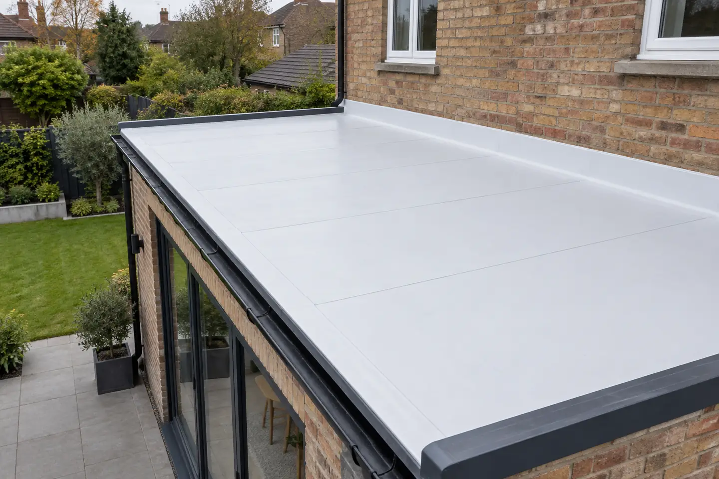 White membrane covering a low-slope residential extension