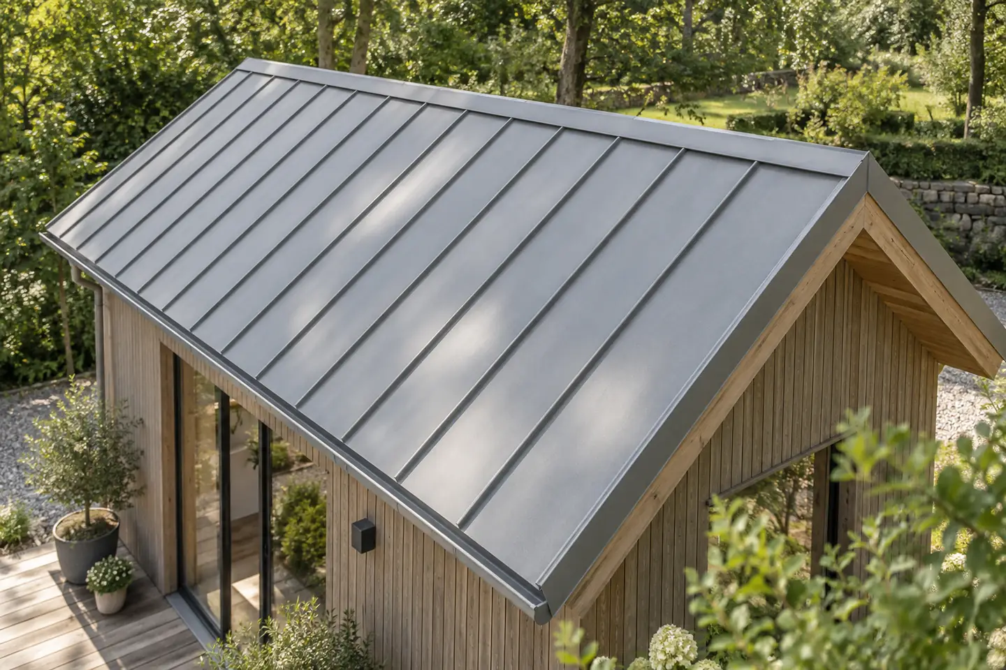 Silver standing-seam metal roof with raised seams on a timber building