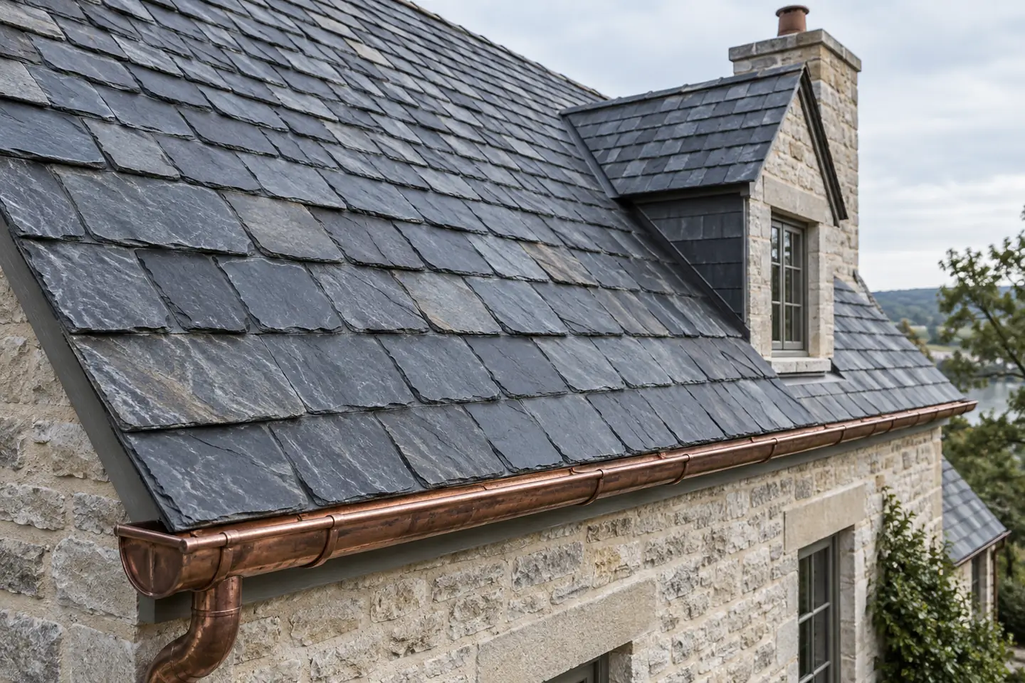 Natural slate roof with split-stone texture and copper gutter