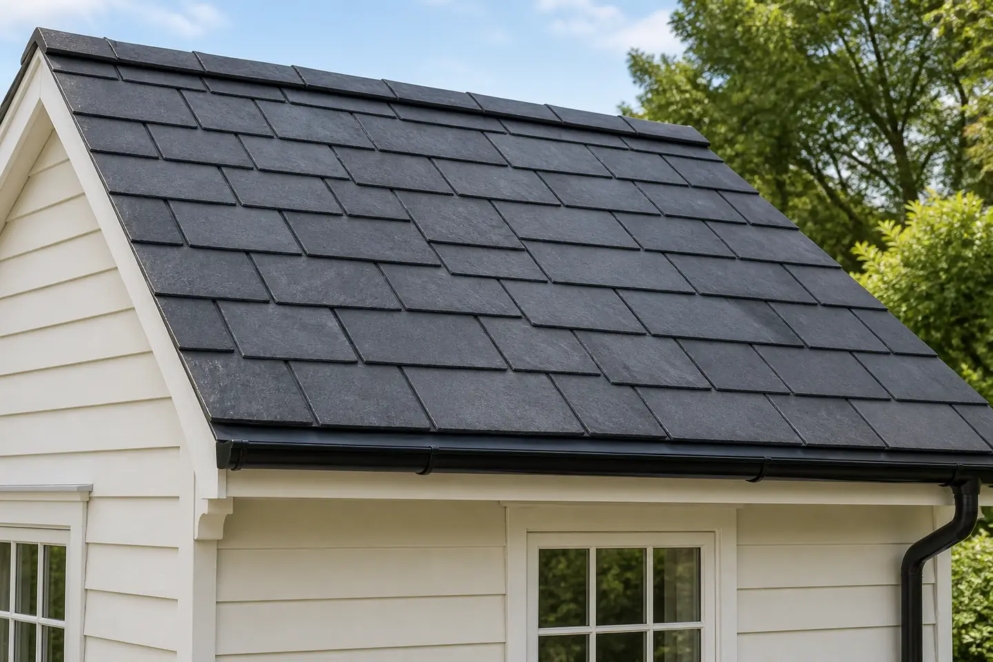 Uniform charcoal synthetic slate tiles on a clapboard house