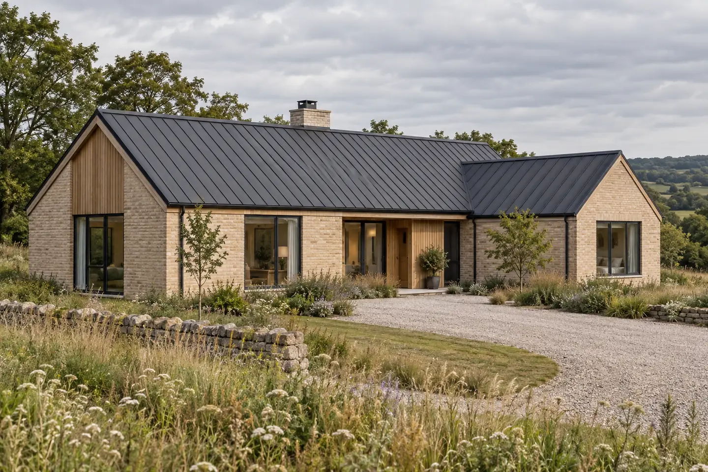 Pale brick and timber home with a charcoal standing-seam roof