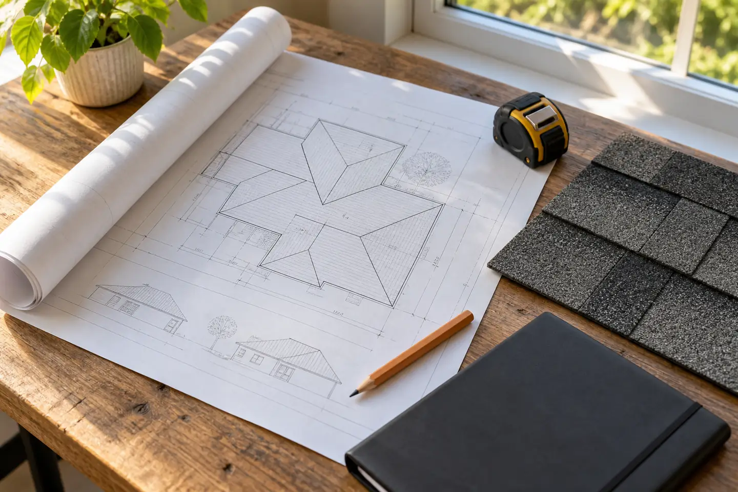 Roof plan, shingle sample and measuring tools on a planning table