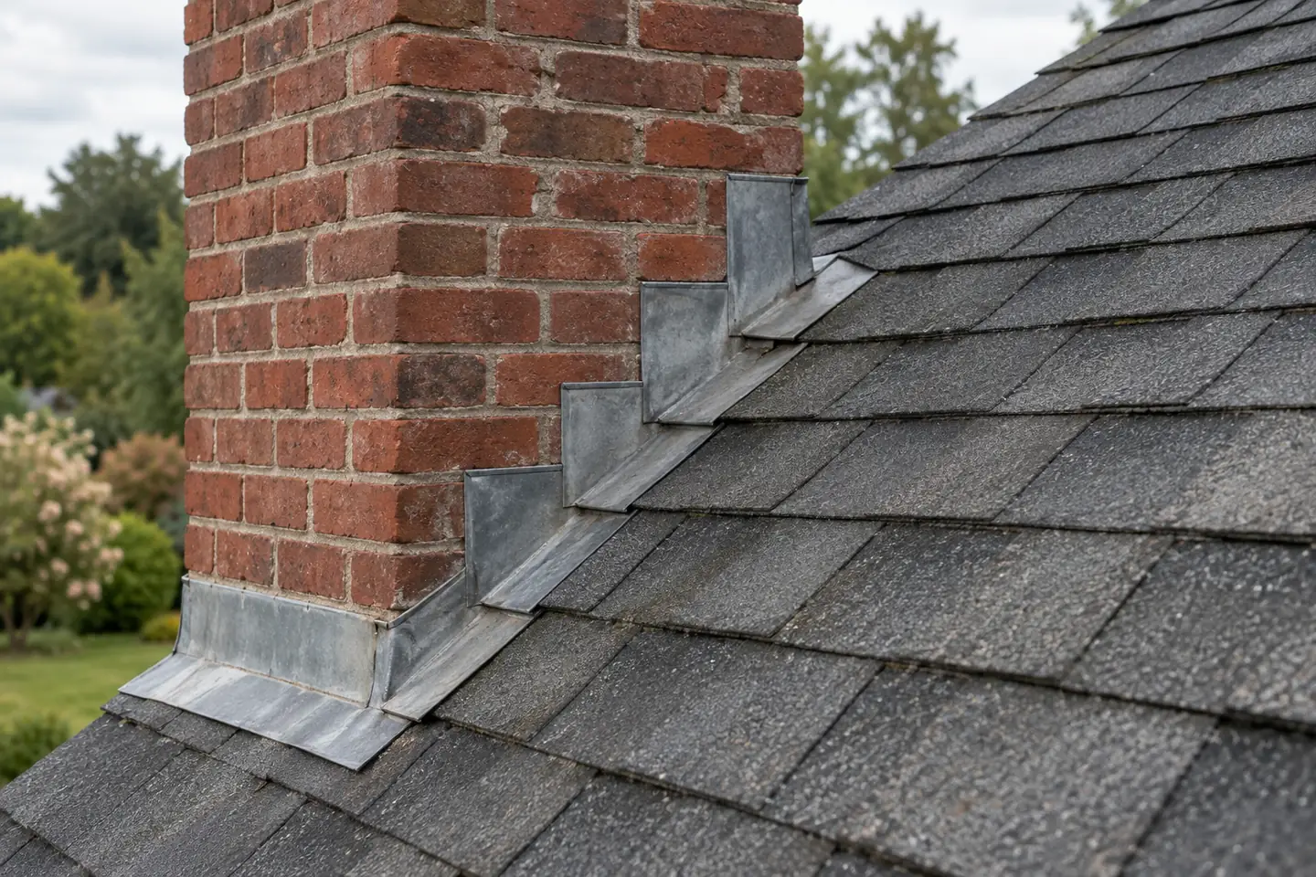 Metal flashing at the junction of a brick chimney and asphalt-shingle roof