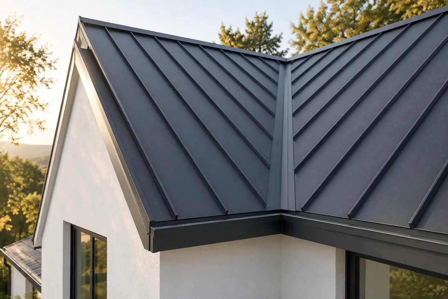 Standing-seam metal roof junction and eave on a white home