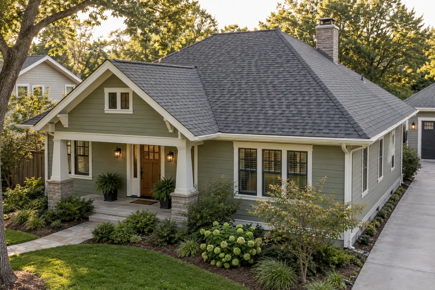Sage-green bungalow with a broad gray architectural-shingle roof