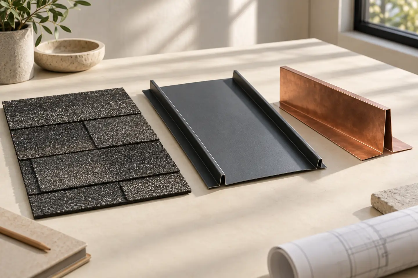Asphalt shingle, standing-seam metal and copper flashing samples