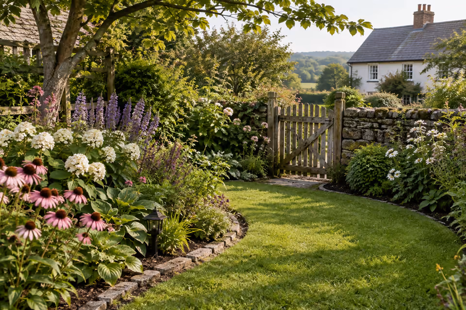 Small cottage garden with curved lawn edge, abundant flowering beds, weathered timber gate and simple rural house in distance