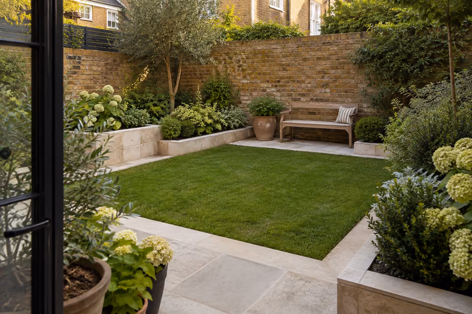 Compact brick-walled courtyard with a central square of lawn, layered shrubs, pale limestone edging and a small timber bench, viewed diagonally from a doorway