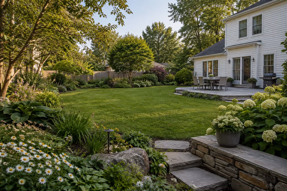 Generous family backyard beside a modest white clapboard house, open oval lawn, broad planted perimeter and practical terrace, viewed from garden corner