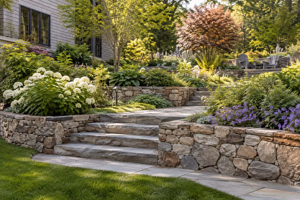 Gently sloped residential garden with two low natural-stone retaining terraces, wide safe stone steps and lush planting, no steep drops