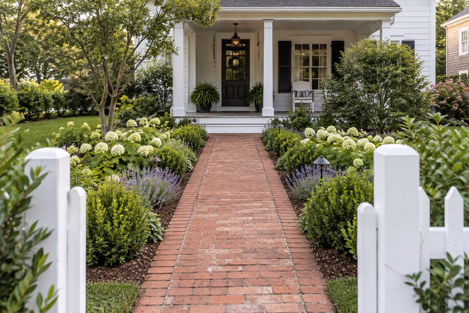 Straight red brick walkway with neat soldier-course edging from low front gate toward white cottage porch, symmetrical low planted borders