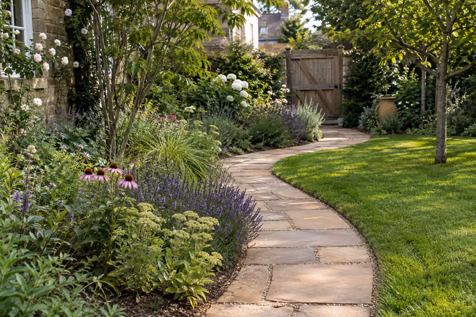 Curving buff stone garden path linking lawn to distant timber gate, mixed cottage planting on both sides, full continuous walkable route