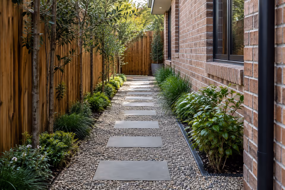 Narrow side yard with continuous permeable gravel walkway and rectangular stepping slabs, timber fence one side and brick house other, tidy drainage and green planting pockets