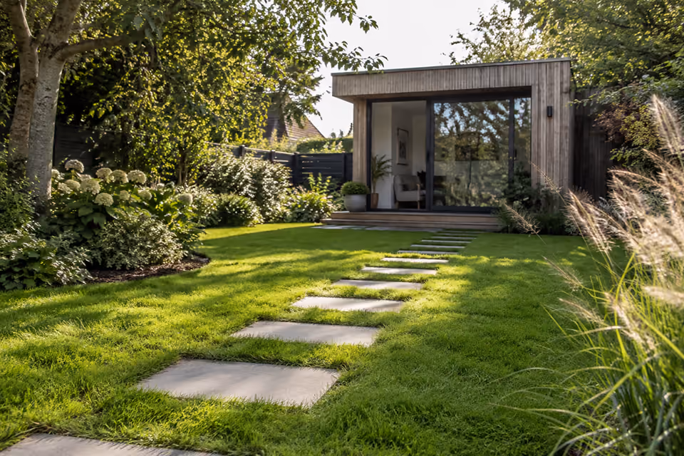 Wide evenly spaced flat stepping stones set flush in lawn leading toward a small timber garden studio, ornamental grasses at edge