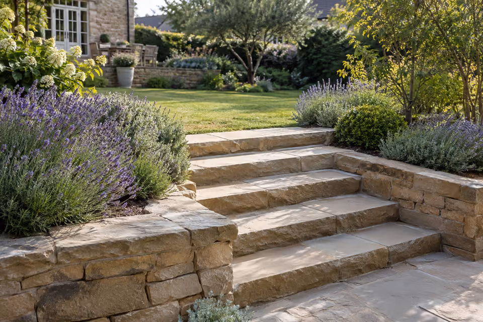 Broad shallow sandstone garden steps with consistent risers connecting two lawn levels, low retaining walls and soft lavender borders, no rail needed for low rise