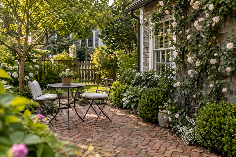 Intimate herringbone red brick patio with two simple chairs and small round table, cottage wall with climbing rose
