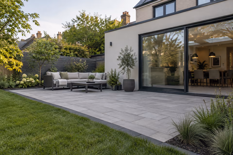 Contemporary rectangular concrete paver patio in staggered bond with charcoal edging, simple outdoor sofa and low grasses, modern residential extension