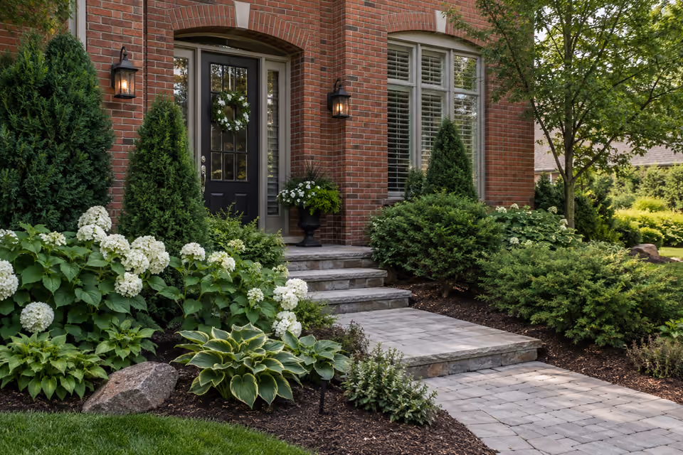 Red brick suburban house entrance framed by layered evergreen shrubs and white flowering perennials, tidy mulched beds and clear walkway